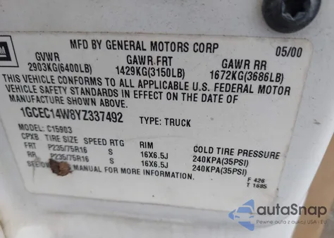 2000 Chevrolet Silverado 1500 из США, поврежденный, VIN 1GCEC14W8YZ337492